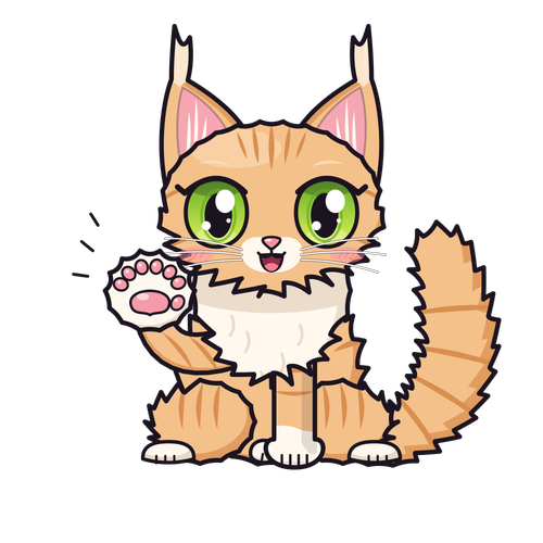 Comic-Zeichnung von Cookie: rot getigerter Maine-Coon-Kater, winkt mit einer Pfote mit Extra-Zehen