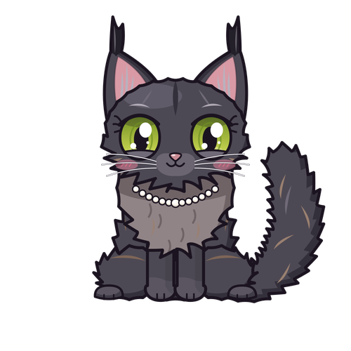 Comic-Zeichnung von Haze: schwarze Maine Coon mit grünen Augen und Perlenkette