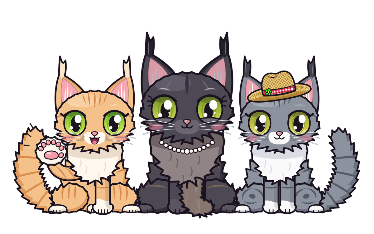 Comic-Zeichnung: drei Maine-Coon-Katzen nebeneinander – Cookie (rot getigert, winkt), Haze (schwarz, mit Perlenkette) und Runtz (grau mit weißer Brust und Strohhut)